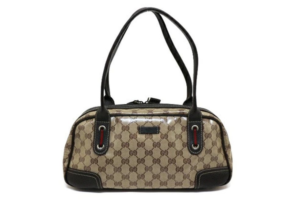 Gucci Boston Bag Crystal Sherry GG Canvas Calfskin Dark Brown Beige Cream